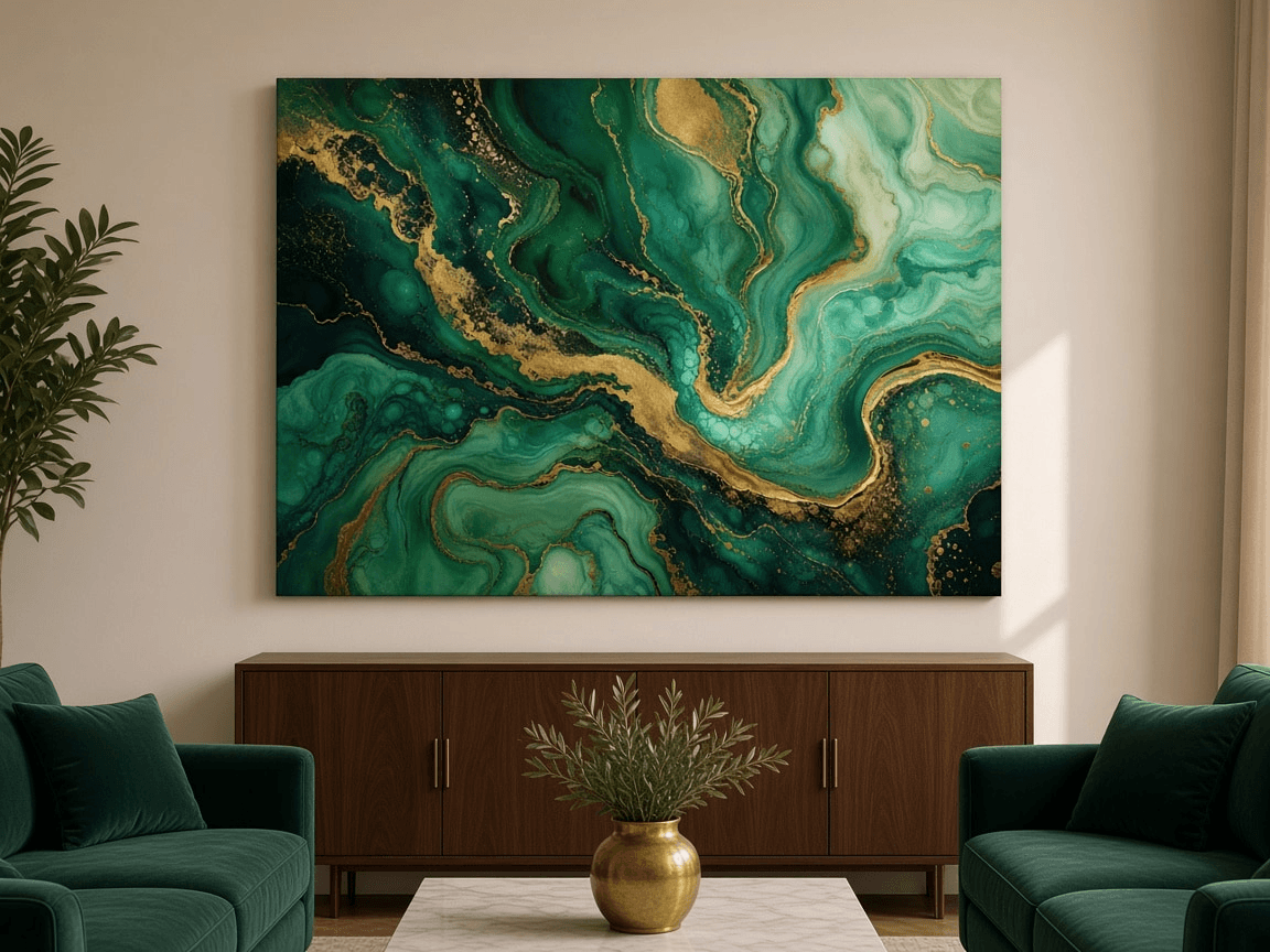 Abstract in emerald and gold — canvas print in room