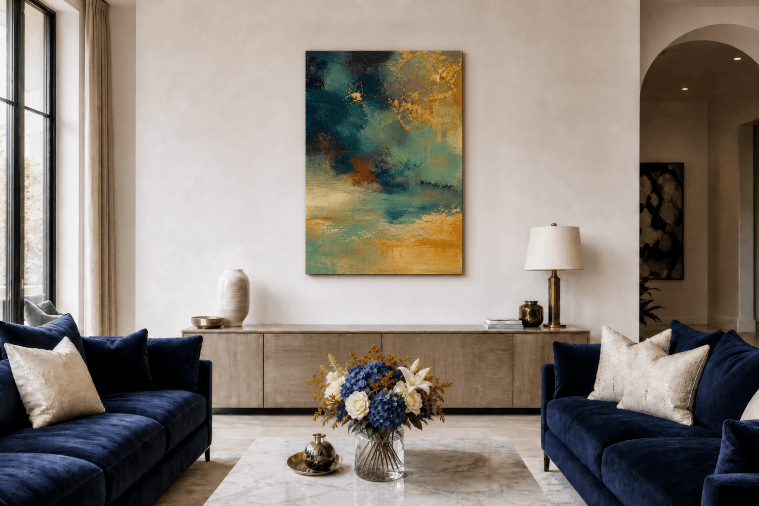 Abstract horizon in indigo and gold — canvas print in room