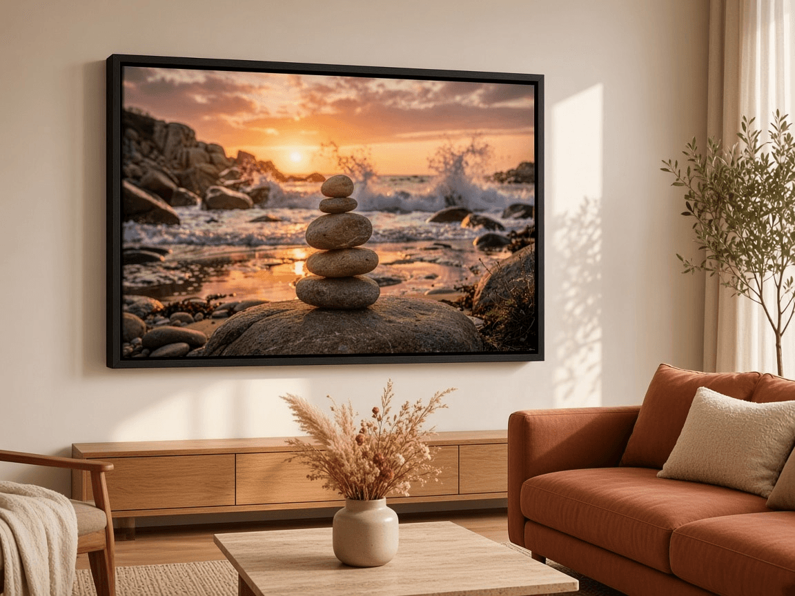 Balancing stones on a rocky beach at sunset — canvas print in room