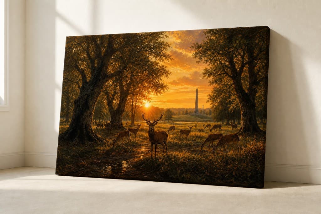Deers in the Phoenix Park at sunset — canvas print in room