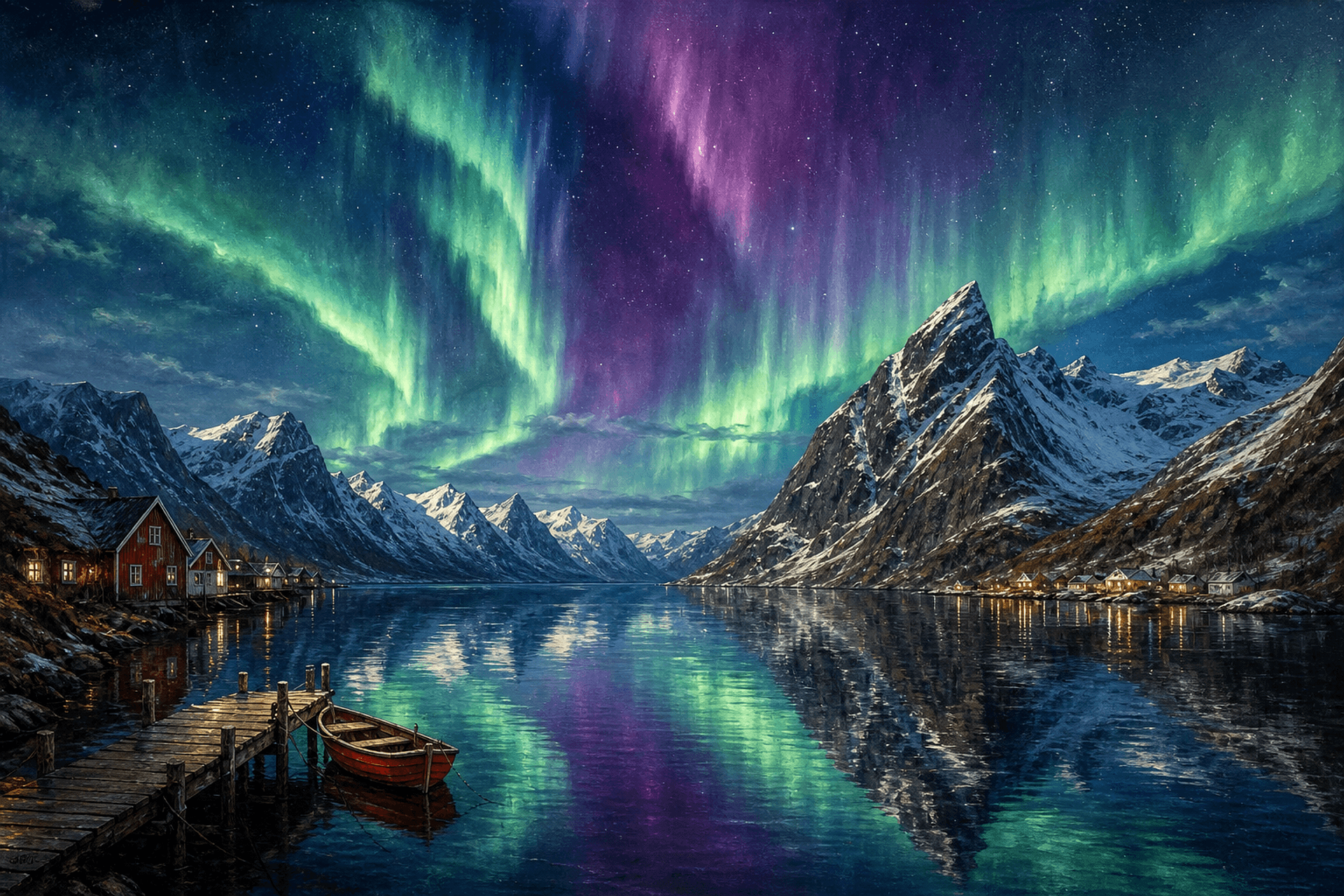 Northern lights over a Norwegian fjord