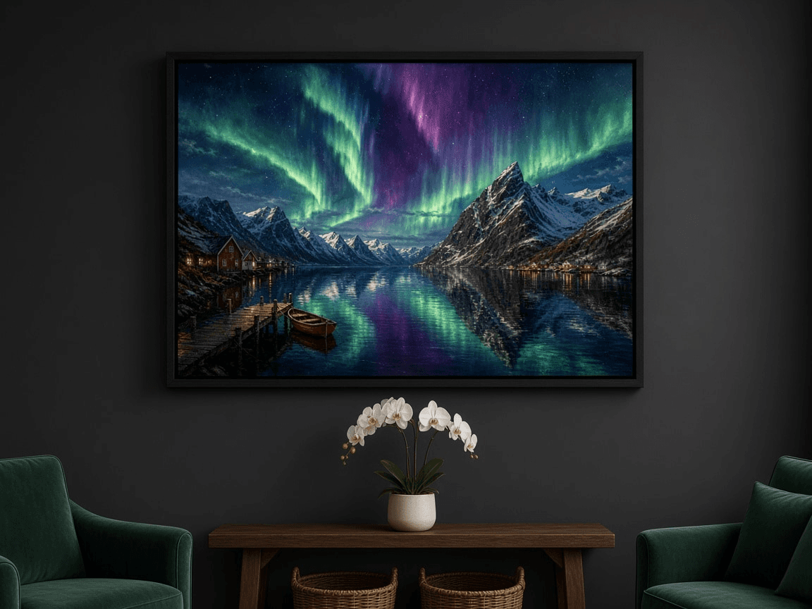 Northern lights over a Norwegian fjord — canvas print in room