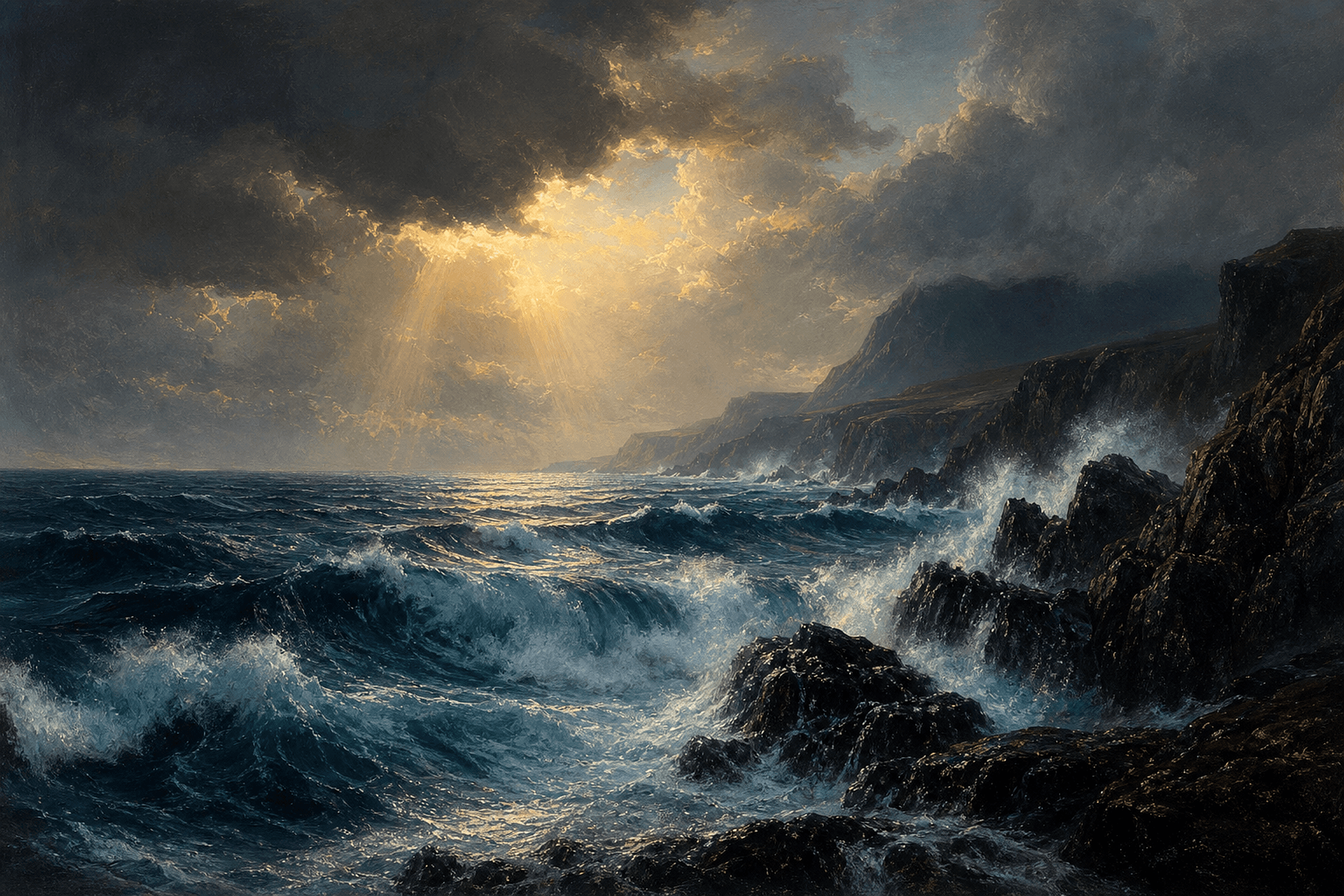 Ocean waves crashing on rocky coastline