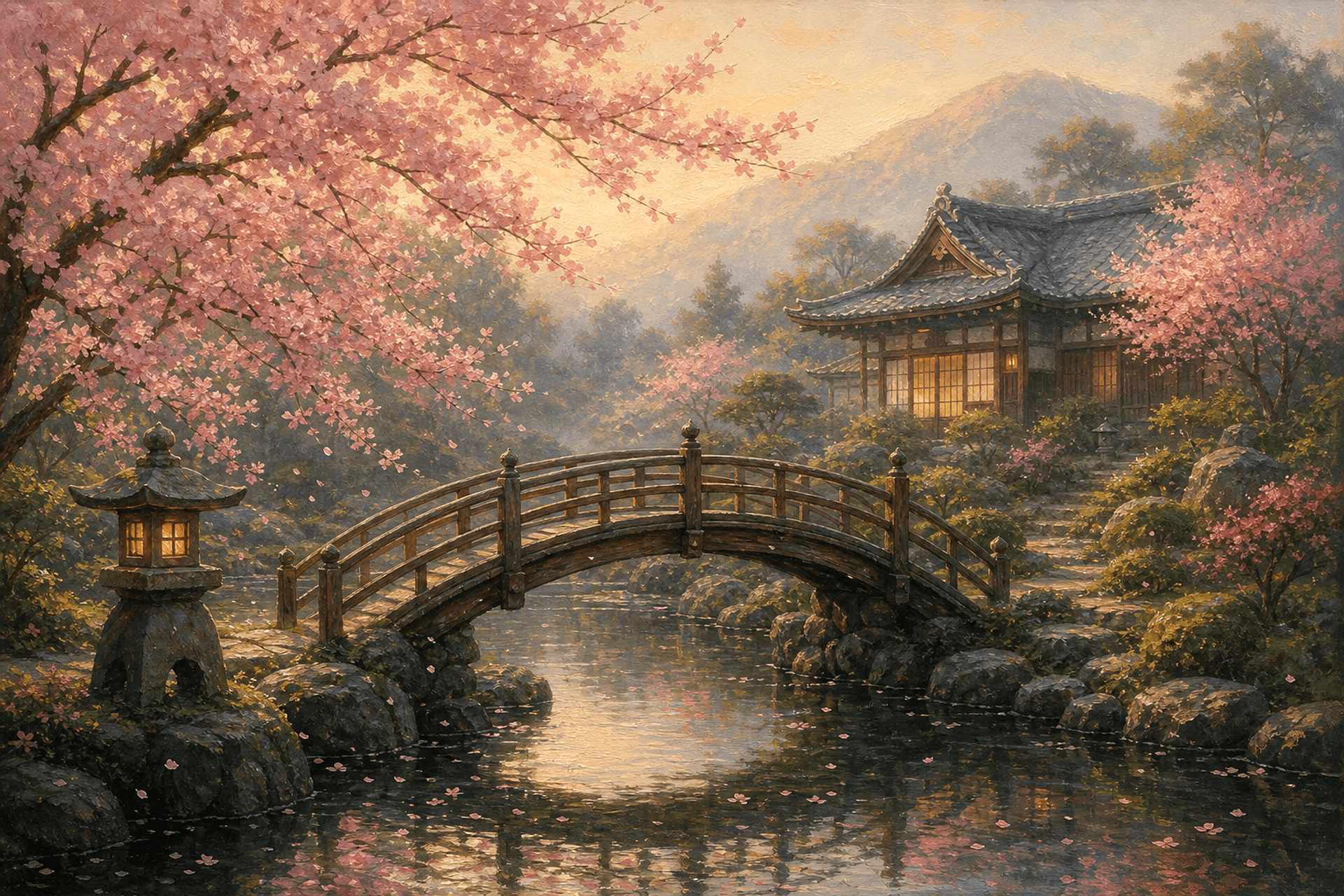Zen garden with cherry blossoms falling