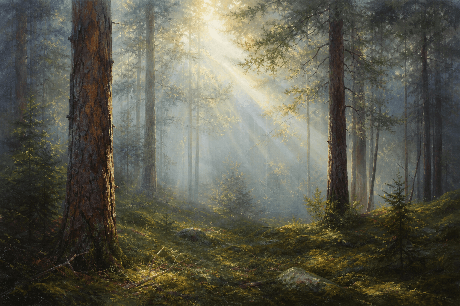 Sunbeams through a misty forest