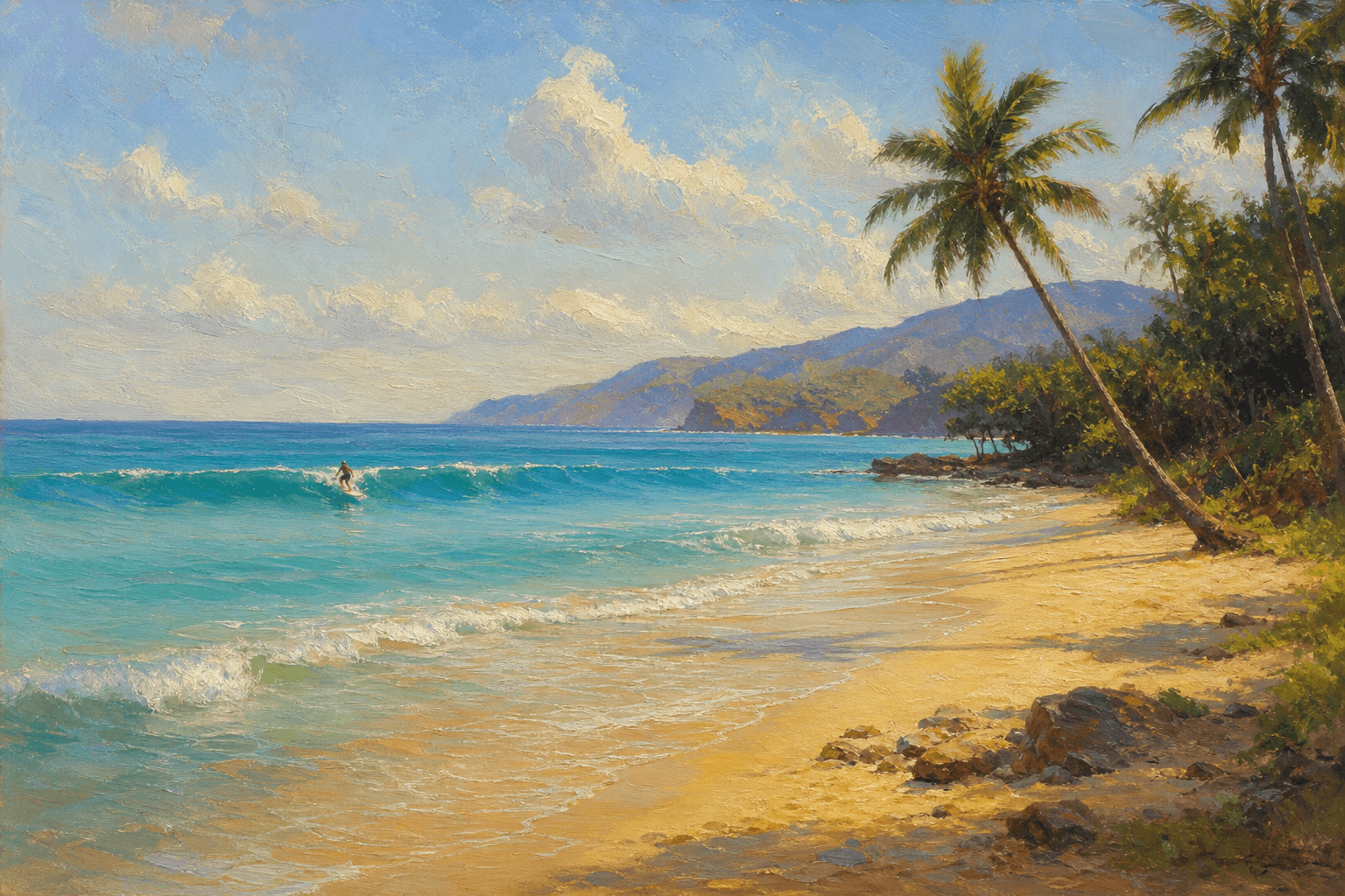 Lone surfer on a golden beach