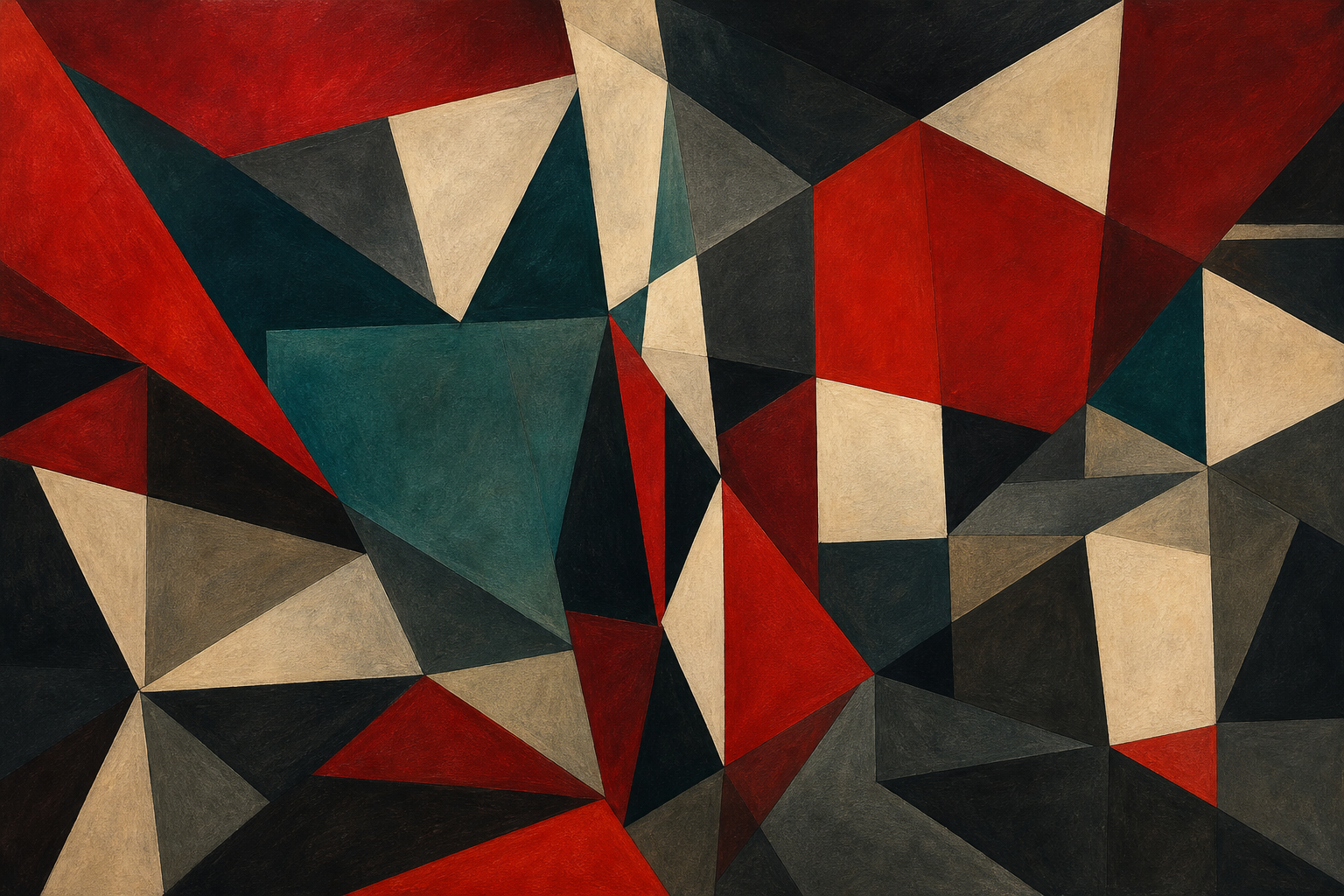 Cubist abstract painting, interlocking fragmented angular planes and faceted geometric shards in crimson red, deep teal, cream and charcoal, sharp overlapping facets creating depth