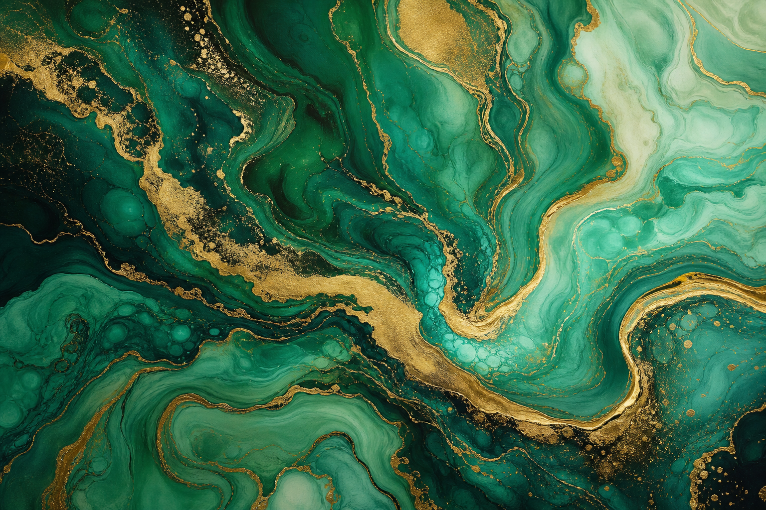 Abstract fluid art canvas, swirling emerald green, teal and gold marble patterns with metallic accents, elegant contemporary composition