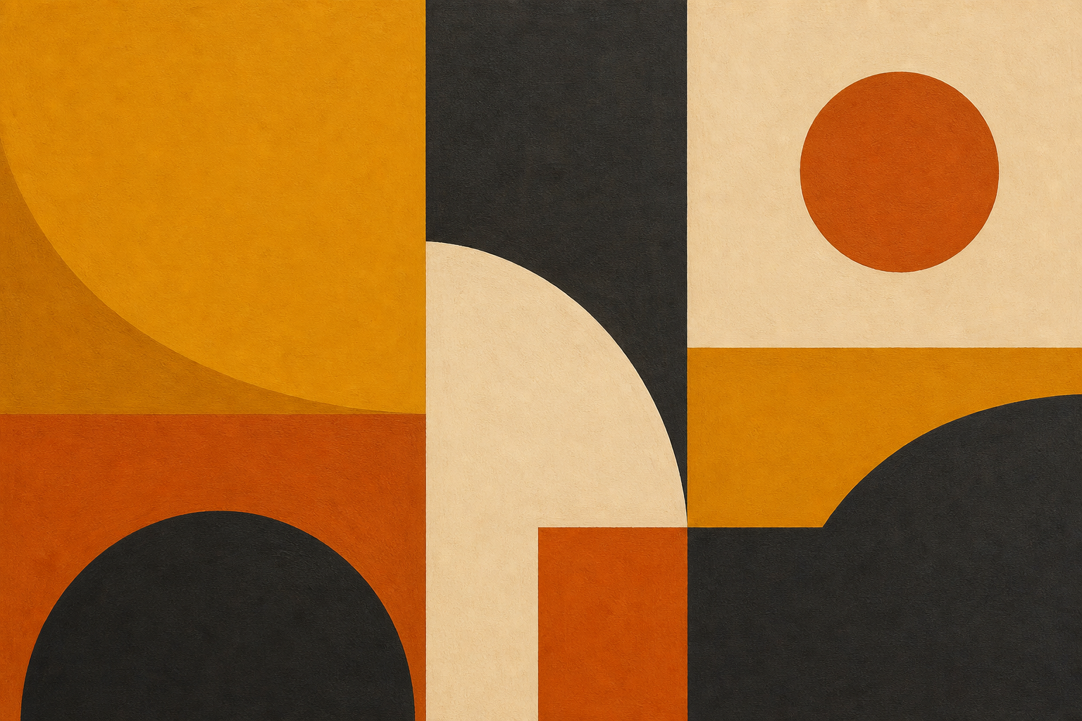 Abstract geometric canvas art, bold color blocks in mustard yellow, burnt orange, cream and charcoal, mid-century modern style, clean shapes