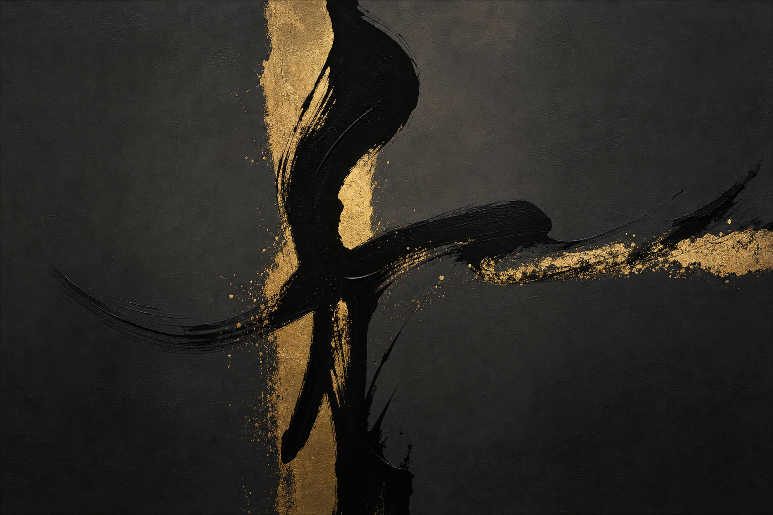 Calligraphic abstract painting on deep charcoal canvas, one powerful sweeping black ink gesture with luminous gold leaf accents, dramatic vertical energy, elegant minimal drama