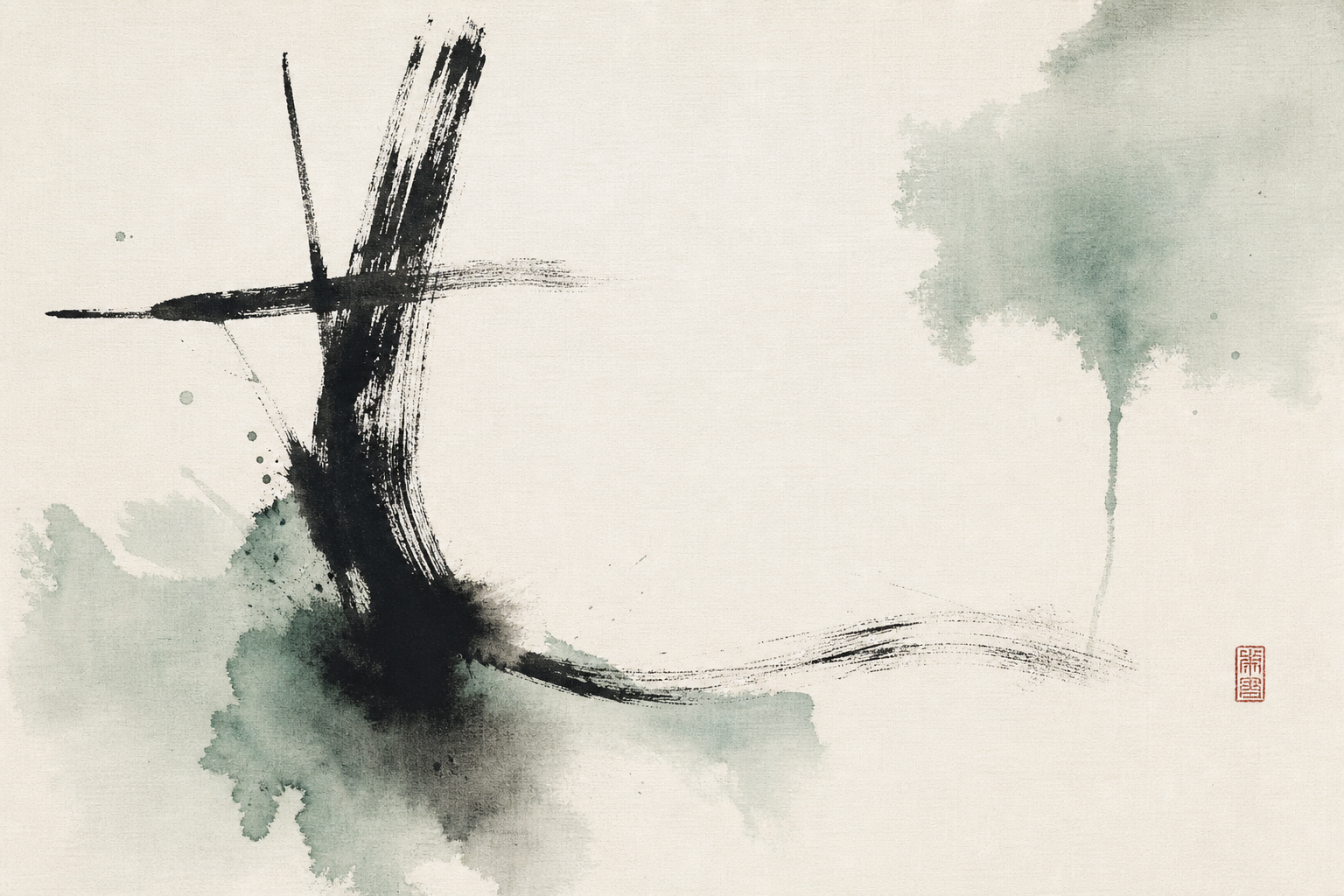 Japanese-inspired sumi-e abstract ink wash on canvas, sparse bold black ink calligraphic strokes with pale seafoam green washes on off-white ground, Zen minimal composition with generous negative space