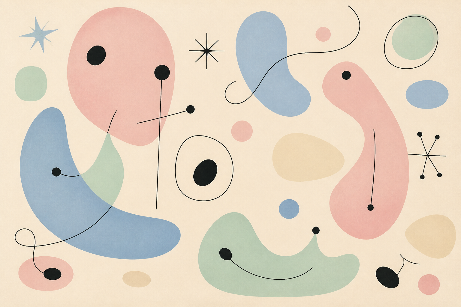 Biomorphic abstract modernist canvas, floating organic curved forms in blush pink, powder blue, mint green and cream on warm ivory, playful clean outlined shapes, airy contemporary composition