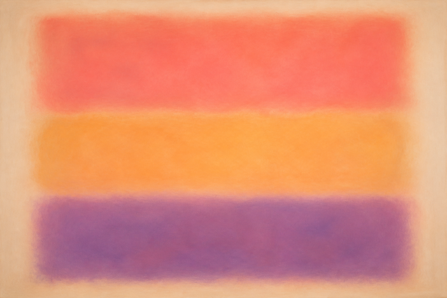 Color field abstract painting, three soft stacked luminous rectangular fields in coral pink, warm apricot and deep lavender on pale cream, hazy glowing edges, meditative modernist canvas