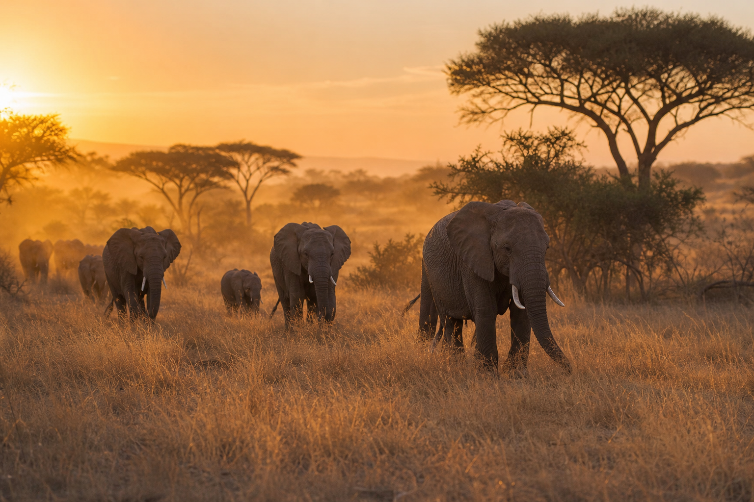 African elephants walking across golden savanna grassland at sunset, acacia trees silhouetted, warm dust haze and amber light, real photograph, wildlife documentary