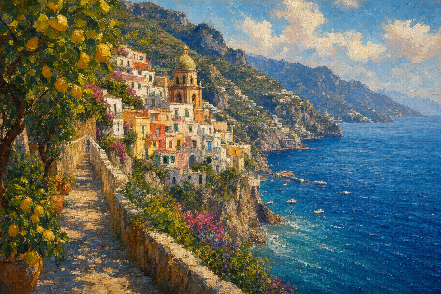 Amalfi Coast Italy, colorful cliffside villages, deep blue Mediterranean sea, lemon groves, warm afternoon light, fine art oil painting