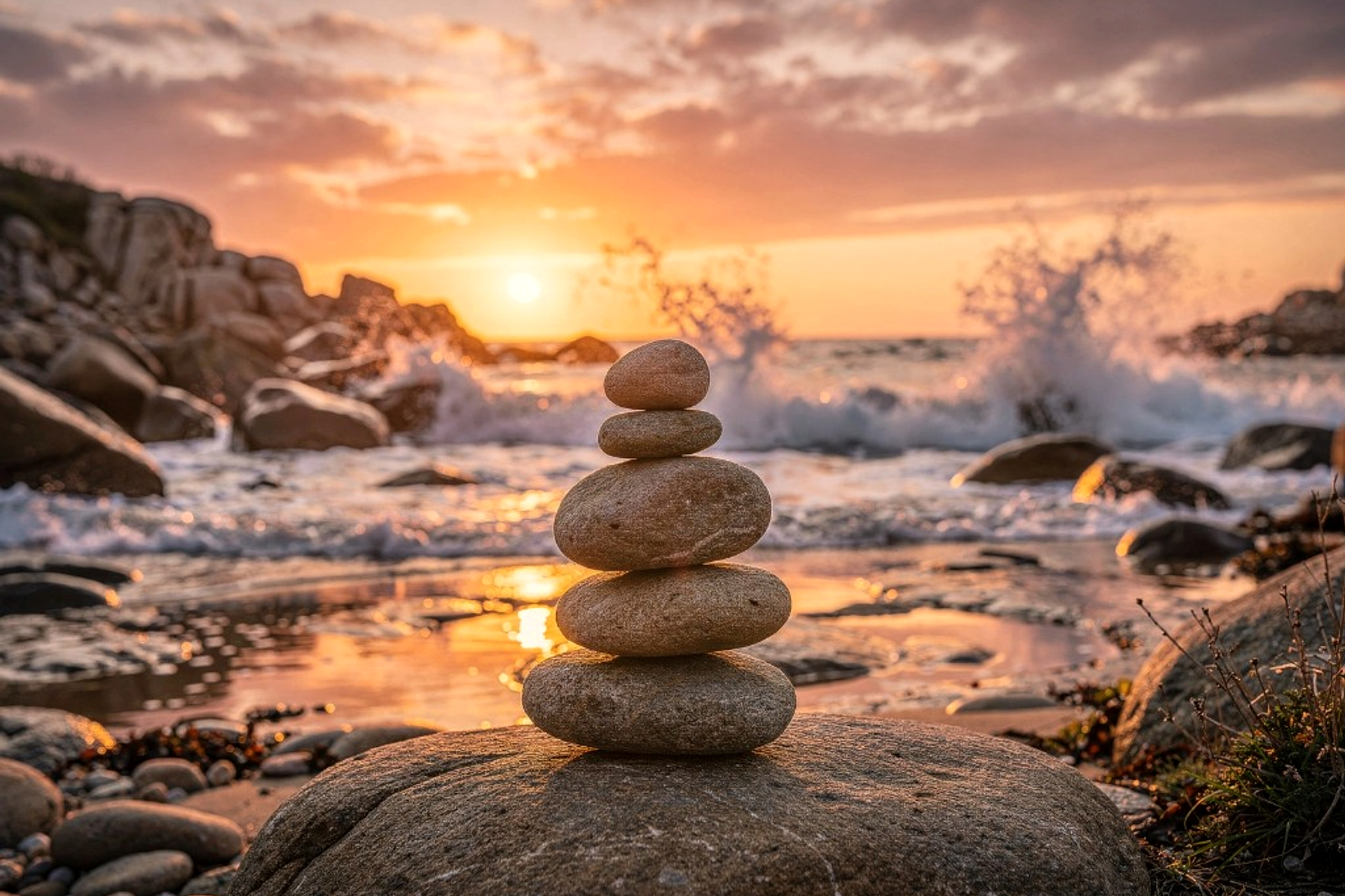 Stones balancing on top of one another on a rocky beach, with waves crashing in the background at sunset, there should be 6 stones gradually going from big to small with one outlier in the middle being bigger than the ones below it, but still physically sound