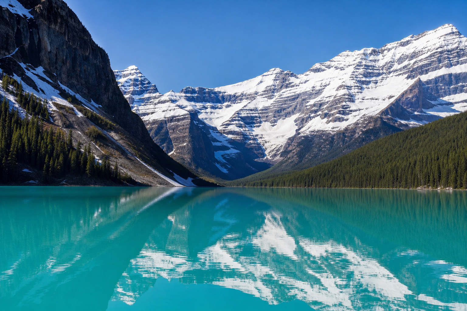 Lake Louise Banff Canada, turquoise glacial lake reflecting snow-capped Rocky Mountains, evergreen forest shoreline, pristine alpine wilderness, real photograph, landscape photography