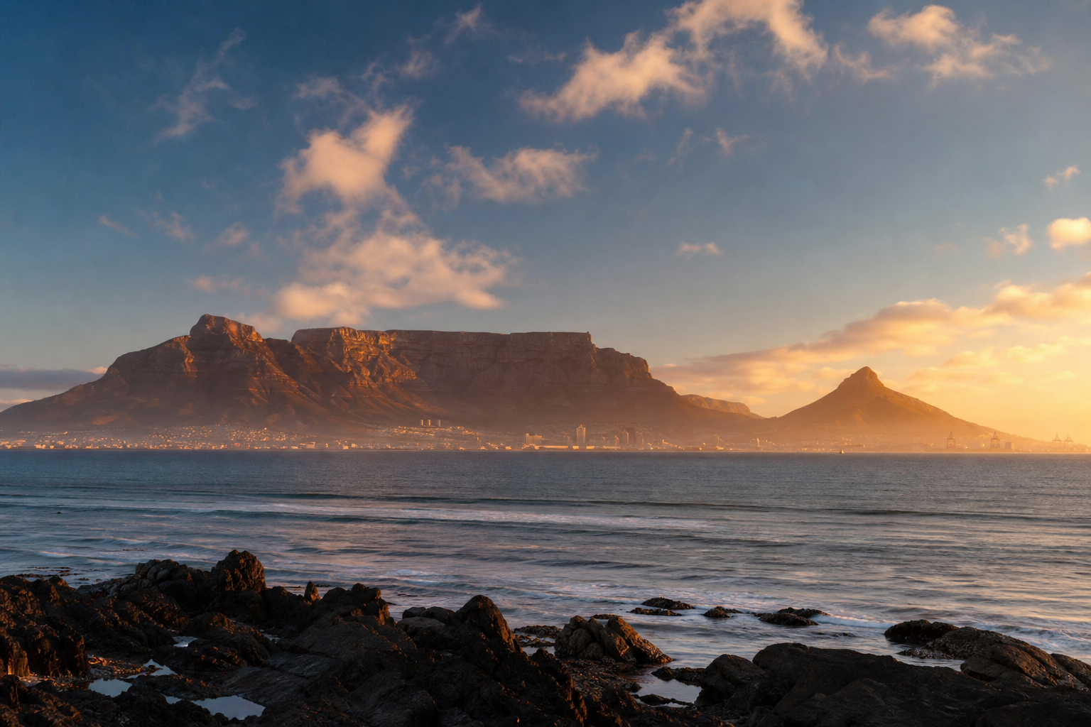 Table Mountain Cape Town at sunset, flat-topped mountain glowing orange above the city and Atlantic ocean, dramatic Cape sky, real photograph, landscape photography