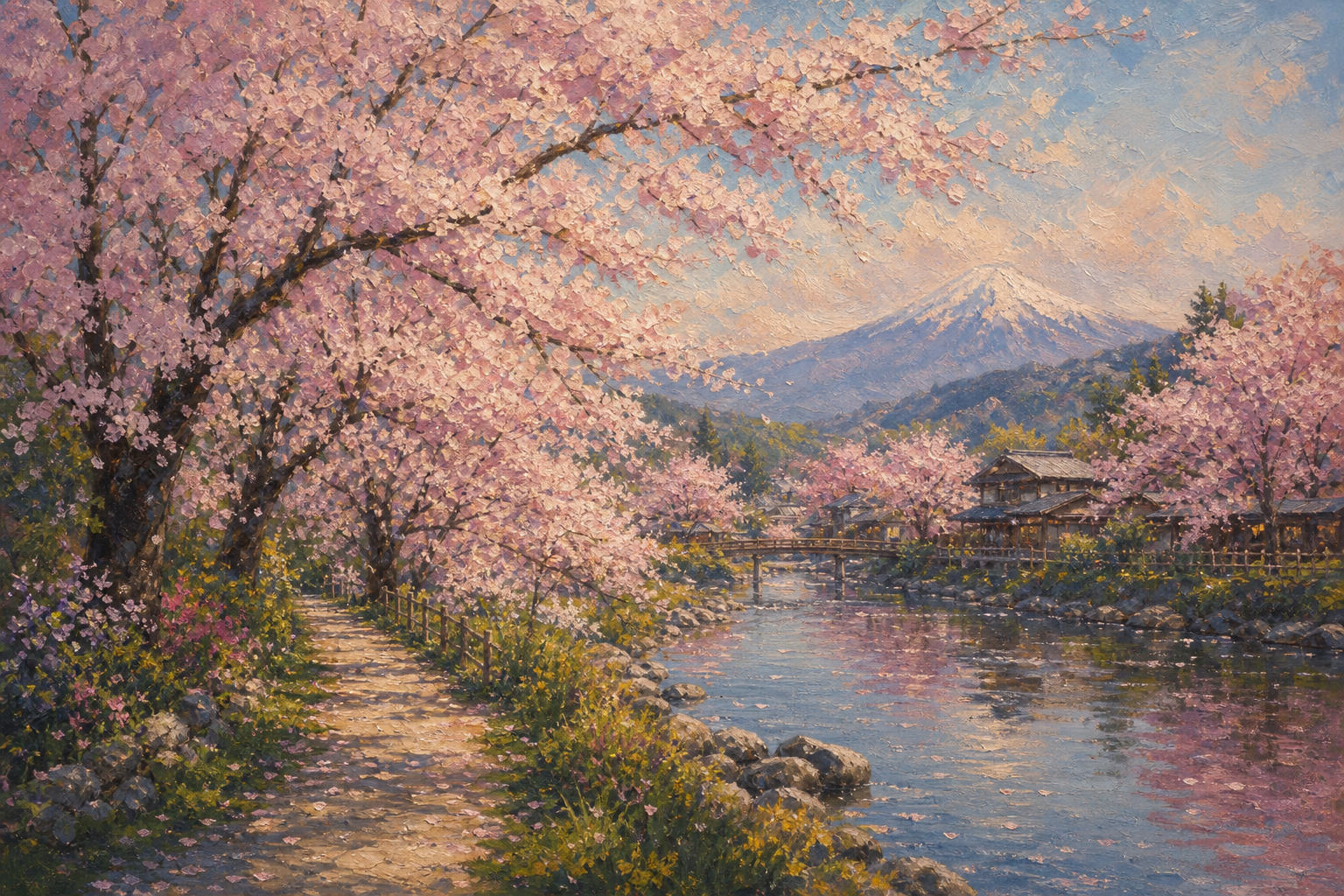Cherry blossom trees in full bloom along a quiet river path in Japan, soft pink petals drifting in the breeze, pale spring sky, fine art oil painting
