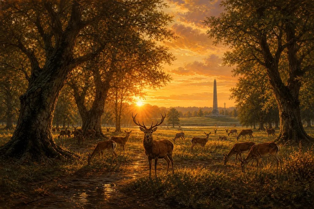 A herd of deer in Phoenix Park Dublin at golden sunset, warm light through ancient trees, Irish parkland, oil painting, cinematic