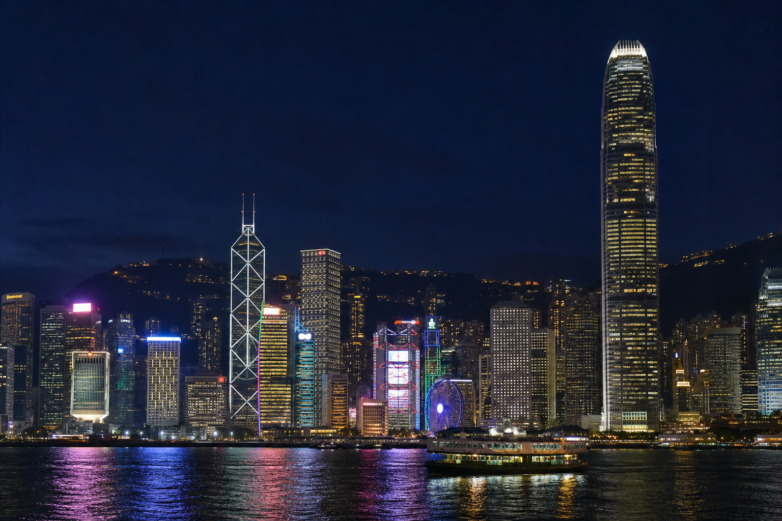 Hong Kong skyline at night, glittering skyscrapers and neon reflections across Victoria Harbour, deep navy sky with warm city lights, real photograph, documentary travel photography