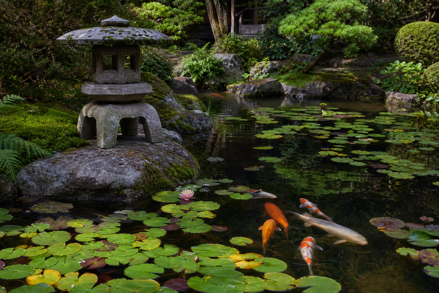 A tranquil Japanese zen koi pond, orange and white koi beneath floating lily pads, stone lantern and mossy rocks, soft dappled garden light, real photograph, nature photography