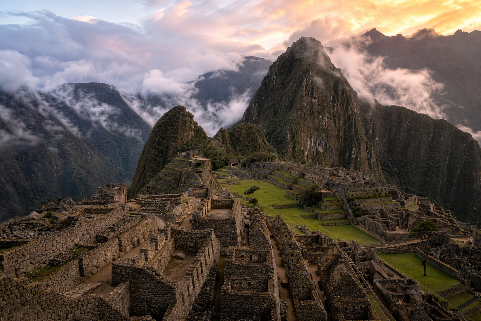 Machu Picchu at dawn, ancient Incan stone ruins on a misty mountain ridge, soft pink and gold sunrise light breaking through clouds above the Andes, real photograph, travel photography