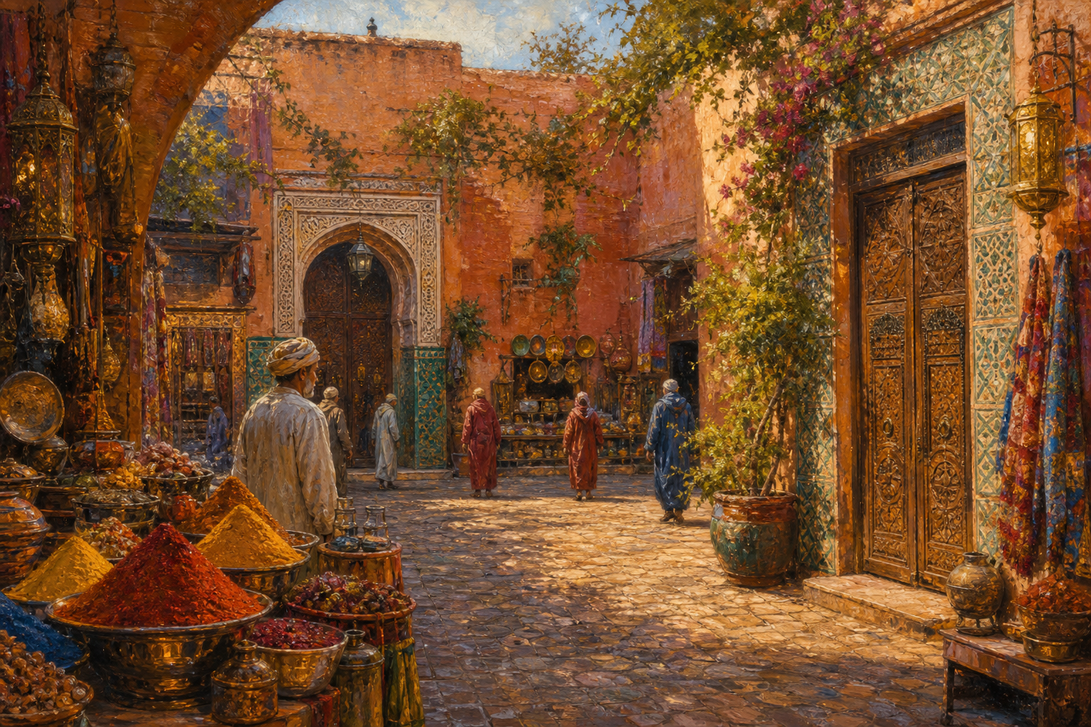 A Marrakech souk courtyard in Morocco, ornate carved doors, colorful spice stalls, warm terracotta walls and patterned tiles, golden afternoon light, fine art oil painting