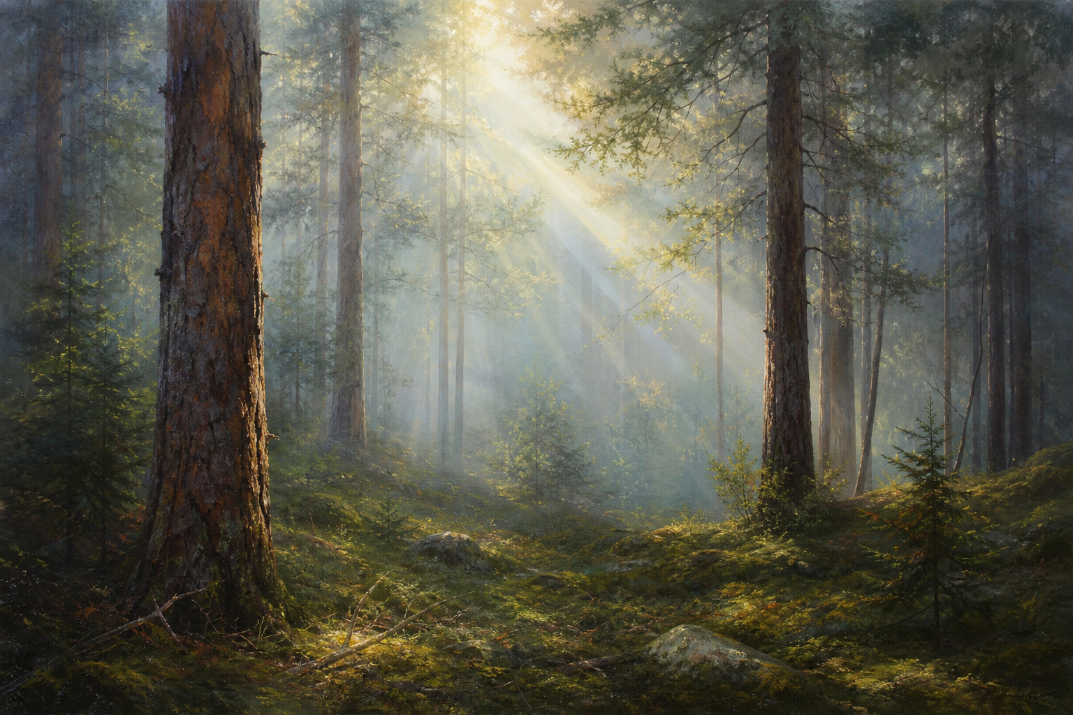 A misty pine forest with sunbeams breaking through fog, mossy floor, tranquil atmospheric woodland, fine art painting