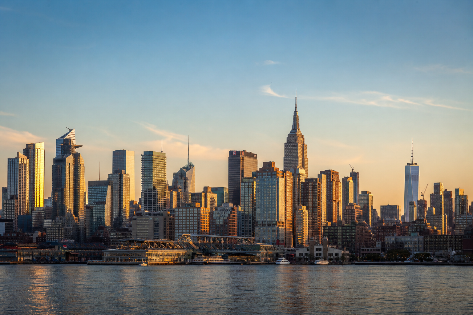 New York City Manhattan skyline at golden hour, Empire State Building and skyscrapers against a warm glowing sunset, East River reflections, real photograph, documentary travel photography