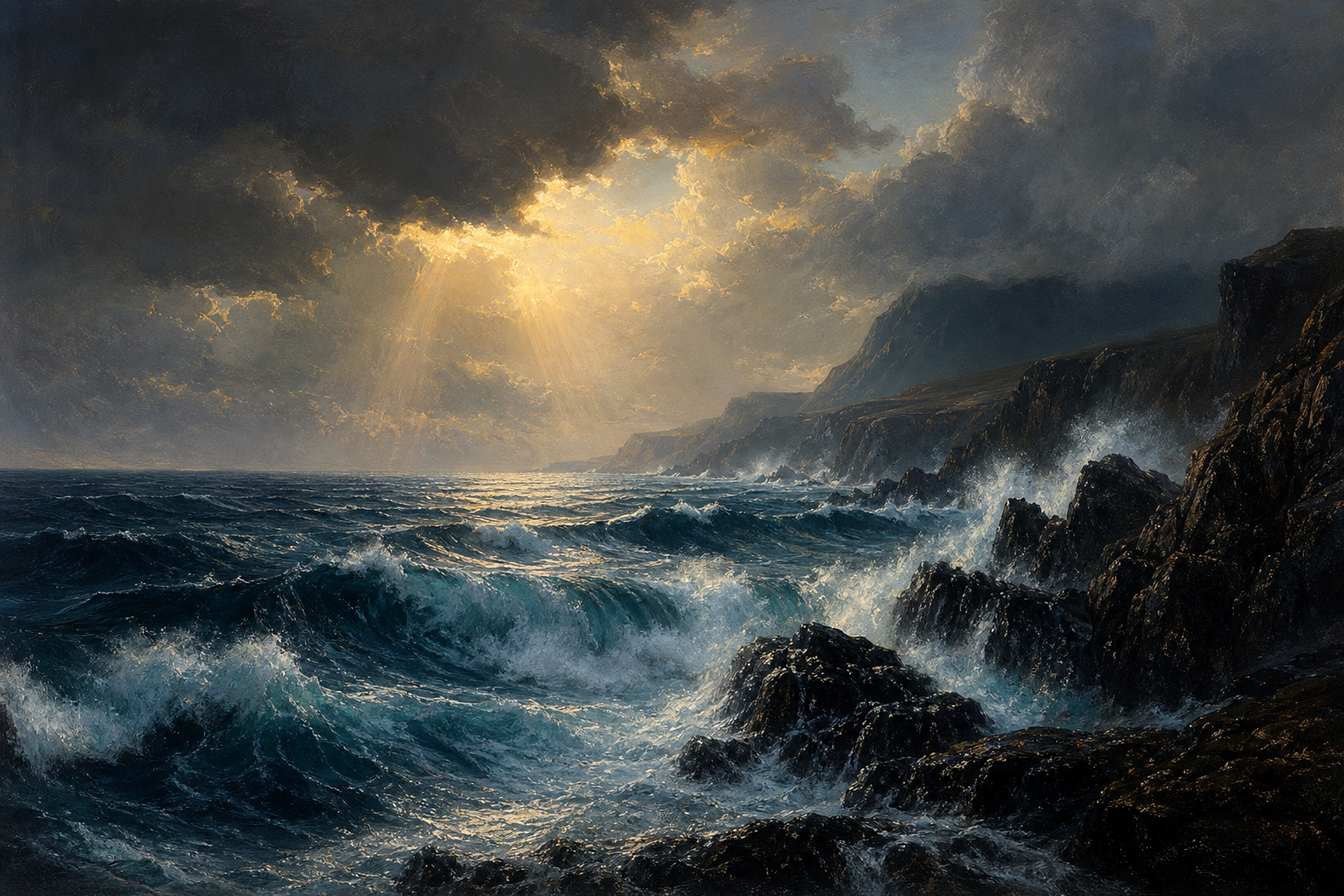 Dramatic ocean waves crashing against dark rocky coastline, stormy sky, god rays, oil painting, powerful seascape
