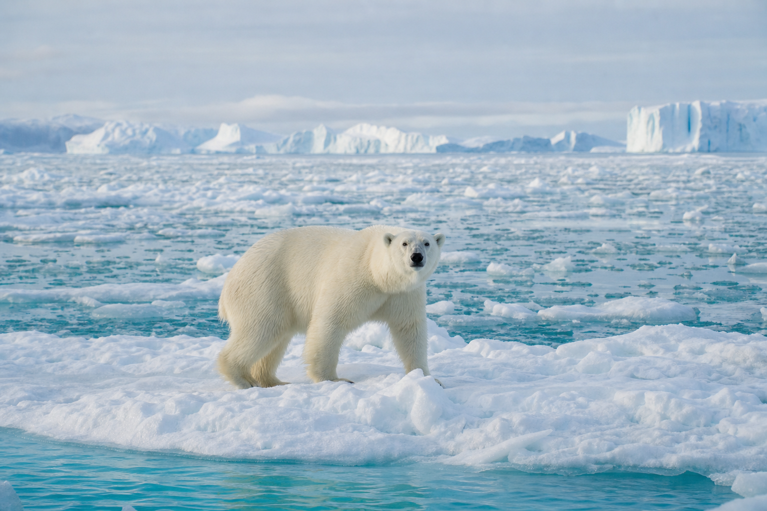 A polar bear on Arctic sea ice under a soft pale blue sky, icy turquoise water and distant icebergs, cold luminous northern light, real photograph, wildlife documentary