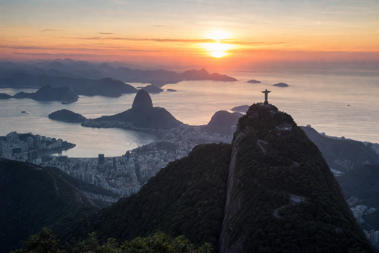 Rio de Janeiro at sunrise, Christ the Redeemer silhouette on Corcovado above Sugarloaf and Guanabara Bay, soft pink and gold dawn light, real photograph, documentary travel photography