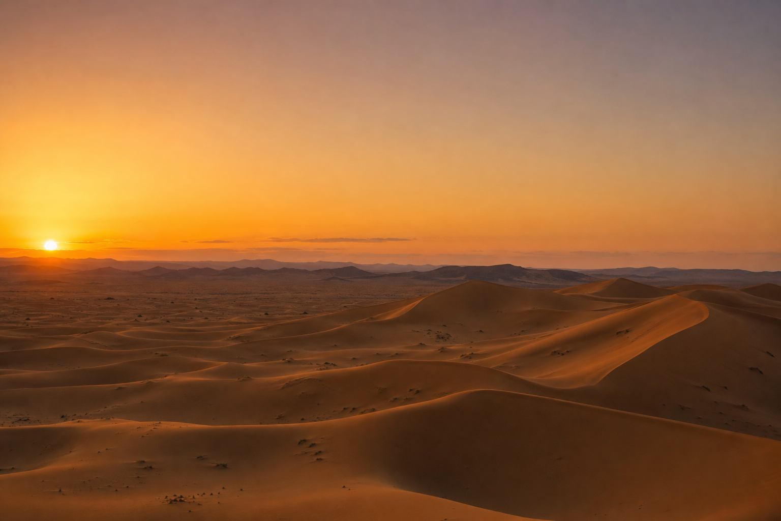 Sahara desert sand dunes at sunset, endless golden orange ridges casting long soft shadows, vast empty sky fading from amber to violet, real photograph, landscape photography