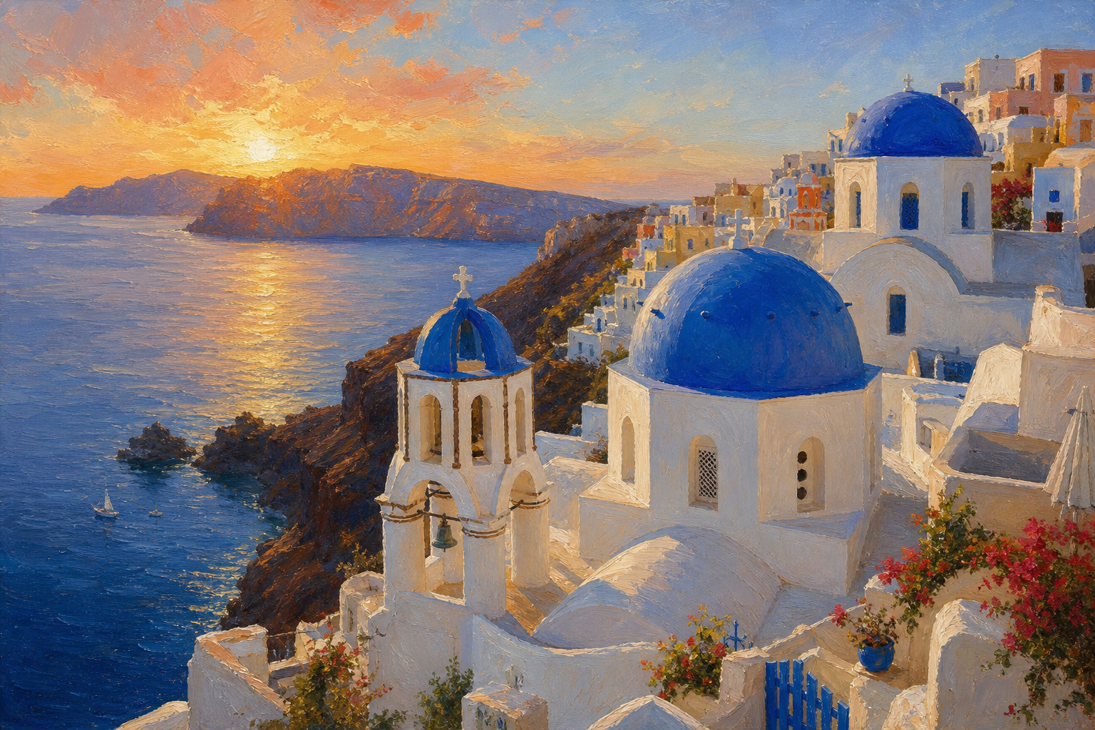 Santorini Greece, white cliffside buildings with blue domes, deep blue Aegean sea, sunset glow, fine art oil painting