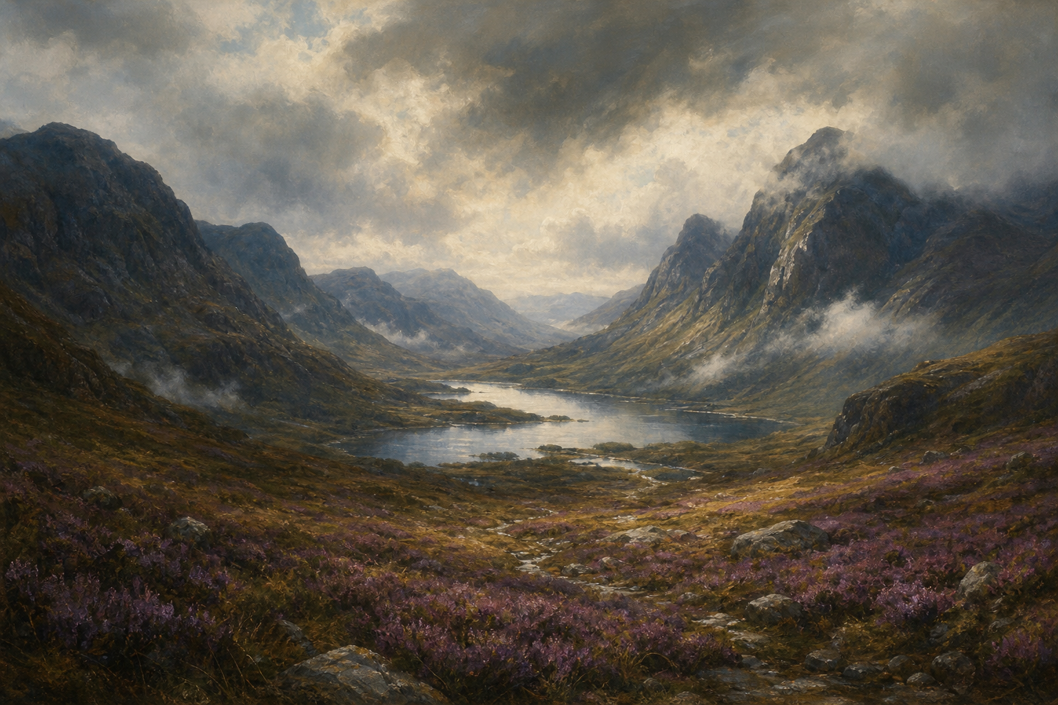Scottish Highlands, dramatic mountain glen, purple heather, misty loch, moody atmospheric light, fine art landscape painting
