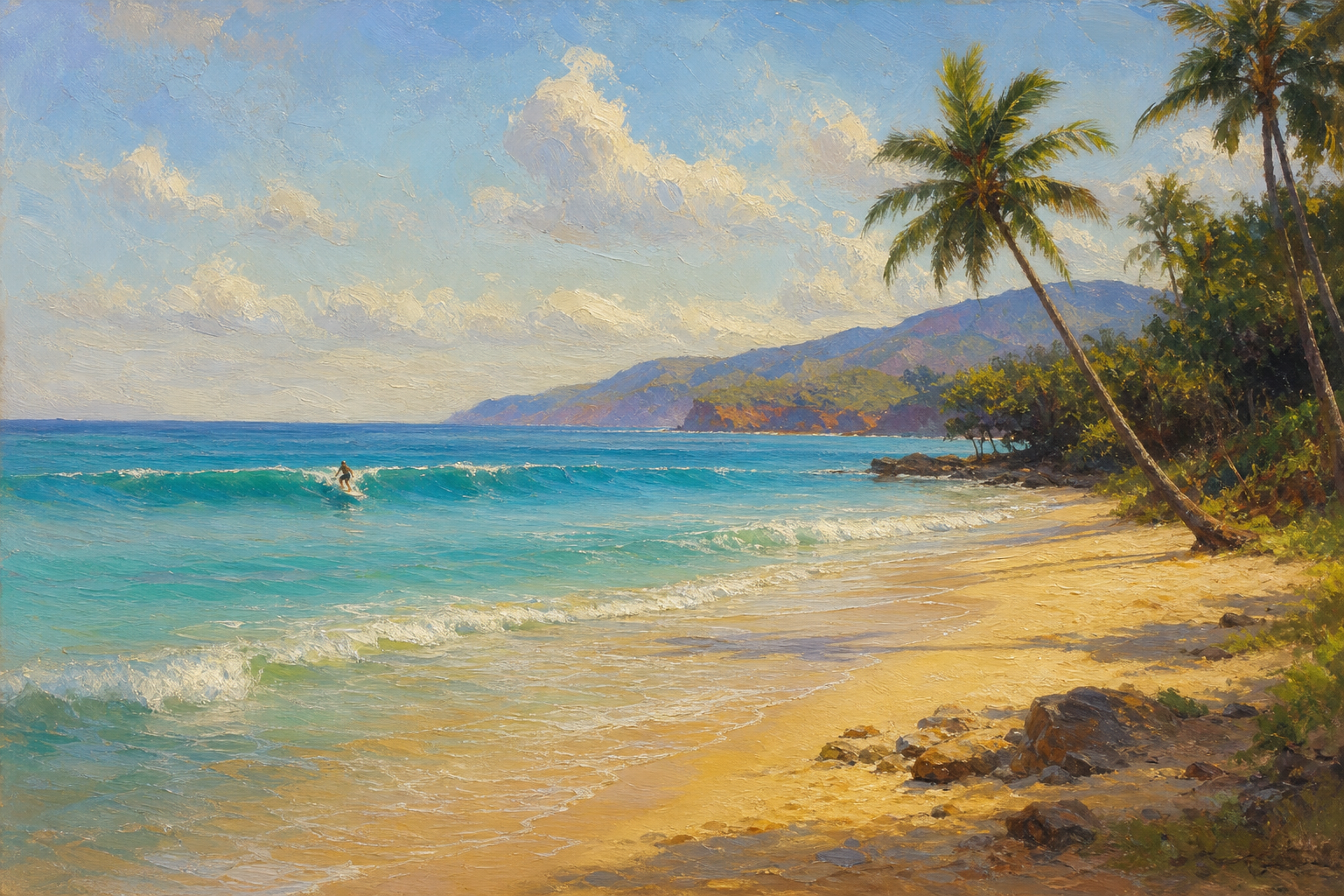 A lone surfer at a distance on a tropical beach, turquoise ocean, golden sand, palm trees, peaceful afternoon light, fine art oil painting