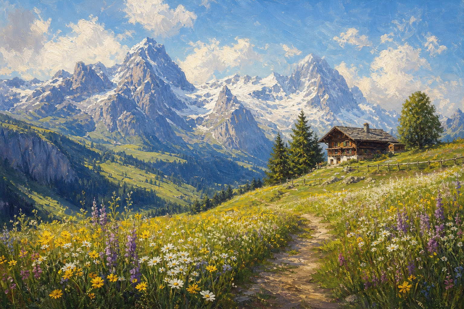 Swiss Alps wildflower meadow, snow-capped peaks, wooden chalet in the distance, bright summer morning, impressionist landscape oil painting