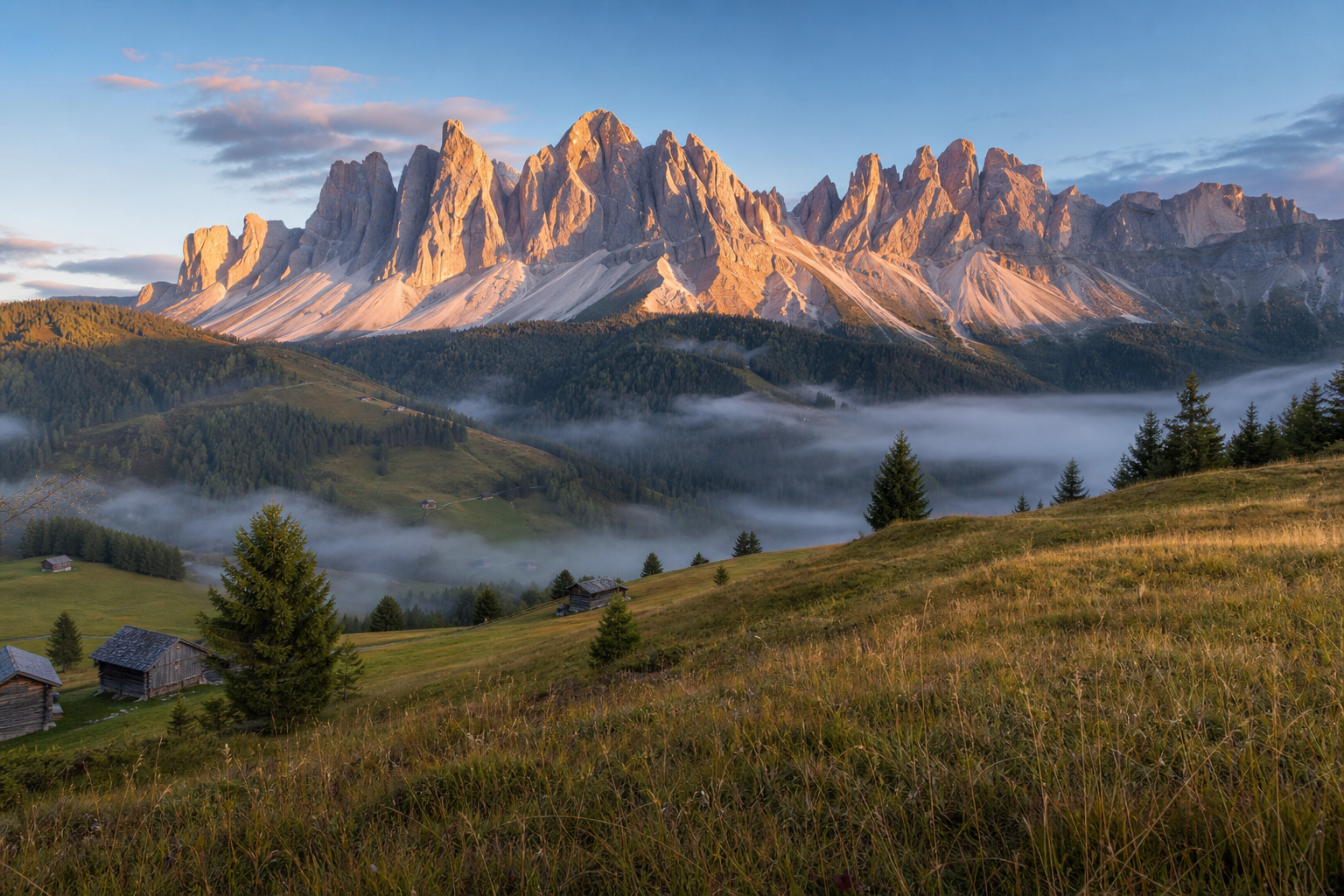 The Dolomites mountains Italy at sunrise, jagged pale limestone peaks glowing pink and gold, alpine meadows in the foreground, real photograph, landscape photography