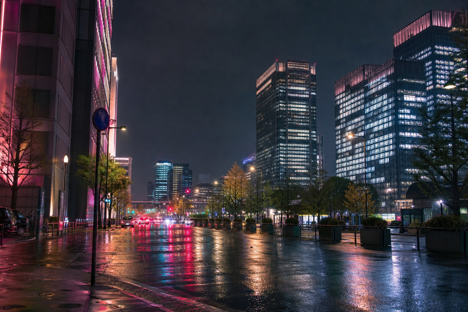 Tokyo at night, neon-lit streets and glowing skyscrapers reflected in wet pavement after rain, soft pink magenta and electric blue lights, real photograph, documentary urban photography