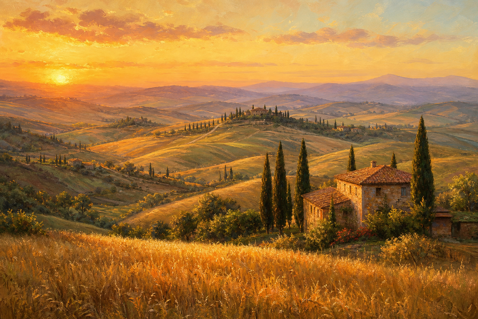 Tuscany Italy countryside, rolling hills, cypress trees, golden wheat fields, stone farmhouse, warm sunset light, fine art landscape painting