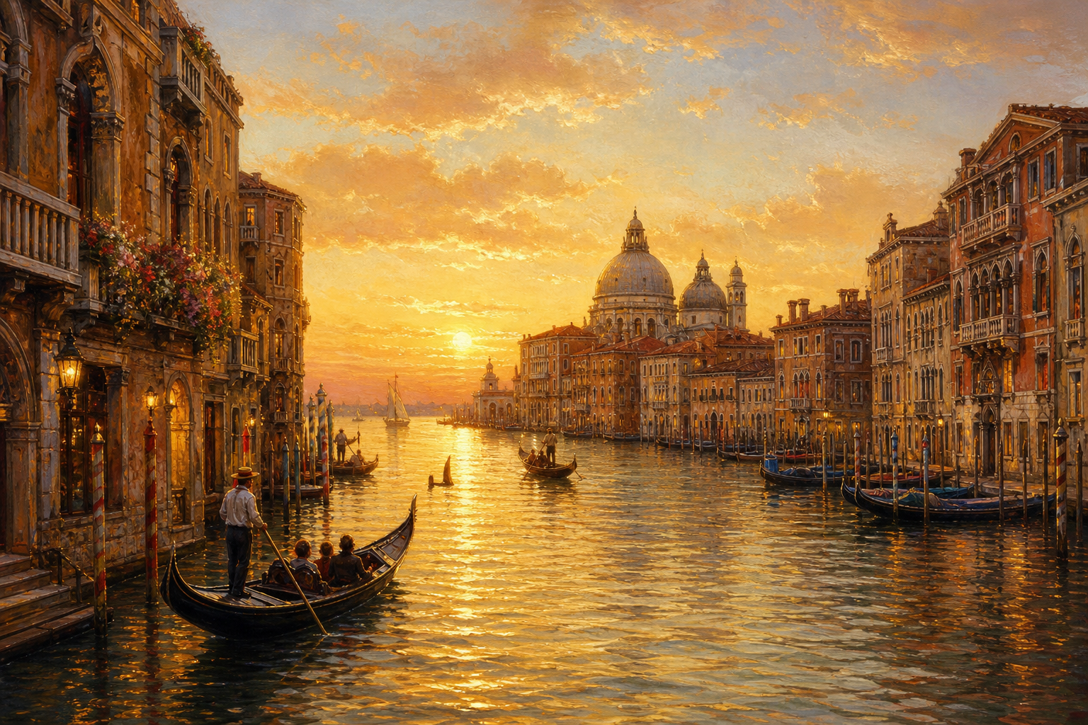 Venice Italy grand canal at golden hour, gondolas, historic palazzos, warm reflections on water, romantic atmosphere, fine art oil painting